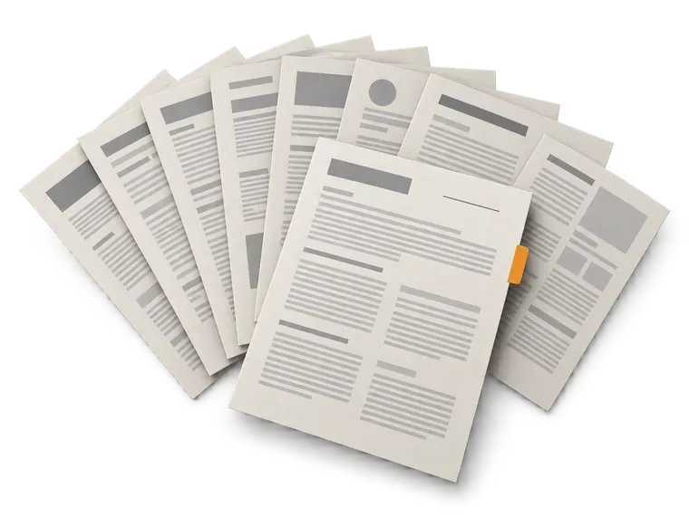 Nine supplier agreements fanned out, every one laid out differently, one pulled forward with an amber tab